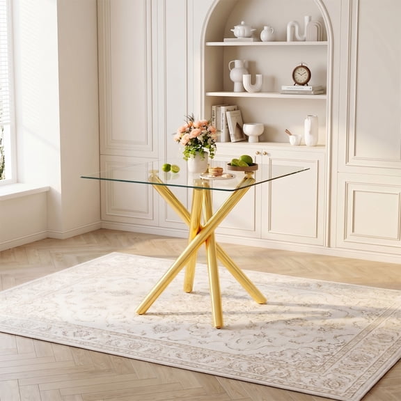 36"H Tempered Glass Bar Table, Square Bar Height Cocktail Table, Modern Dining Table, Metal Cross-leg Pub Table for Narrow Spaces, Home Bar - Gold
