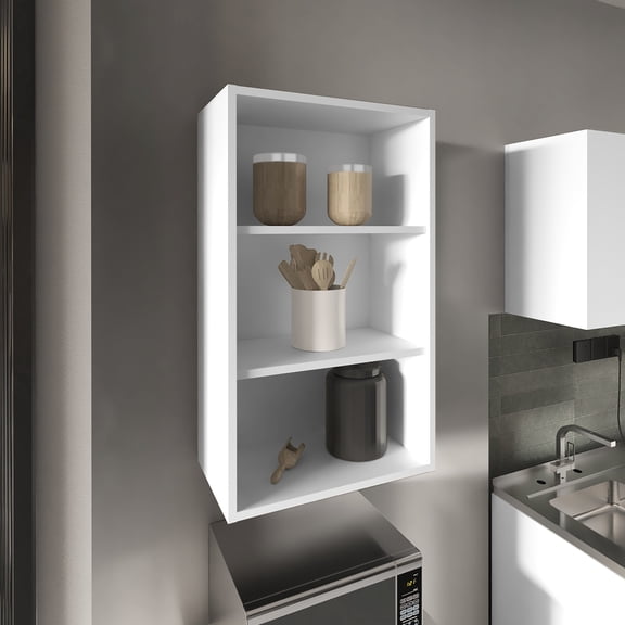 36" H White Wall Cabinet - 3 Shelf Storage Solution, Compact For Small Kitchen Areas, Engineered Wood, Mounted To Save Floor Space, Perfect Organization Design, Timber, Area, Organizing Essentials