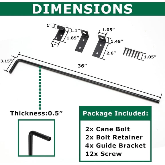 36" Heavy Duty Cane Bolt Gate Drop Rod with Upgraded Design, Square Drop Rod Kit for Double Gate Wood PVC Vinyl Metal Yard Gate Latch-2 Pack