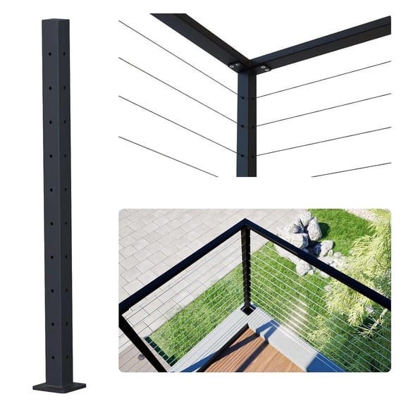 36" Heavy-Duty Steel Corner Post for Cable Railing System, Black Finish