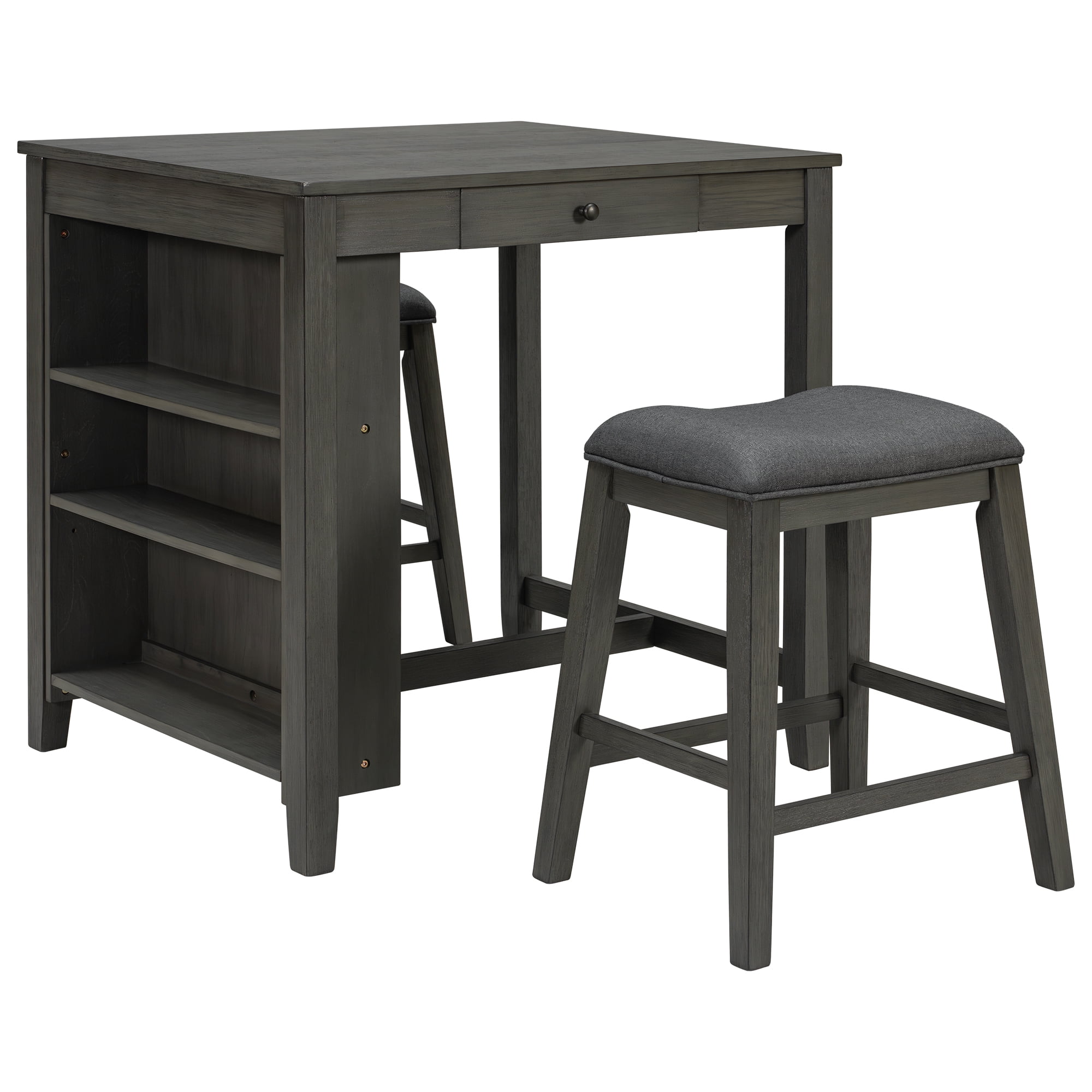 36" Height Bar Table Set with Power Outlet, Industrial coffeeTable with 2 Padded Stools, 3 Piece Bar Table and Chairs Set for Living Room, Dining Room, Brown