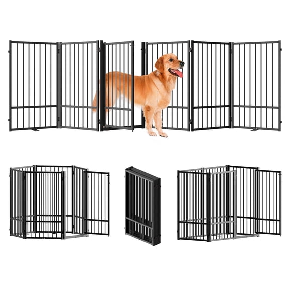 36''Height Full Matel Freestanding Dog Gate with Door, 6 Panels Extra Wide Free Standing Tall Dog Gates for Doorways,House,Stairs,Porch,Deck,Yard