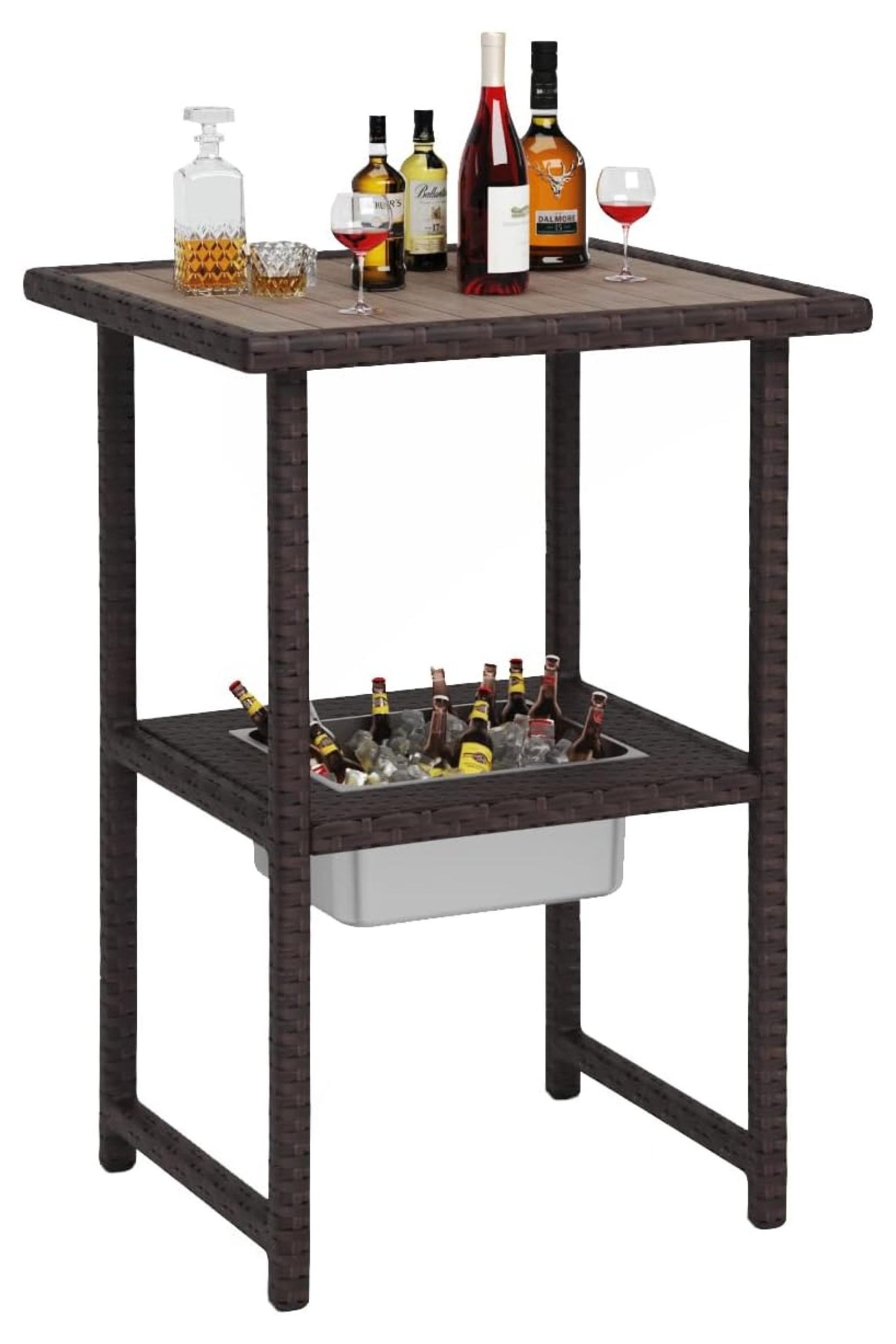 36" Height Wicker Bar Counter with Ice Bucket, Patio High Top Rattan