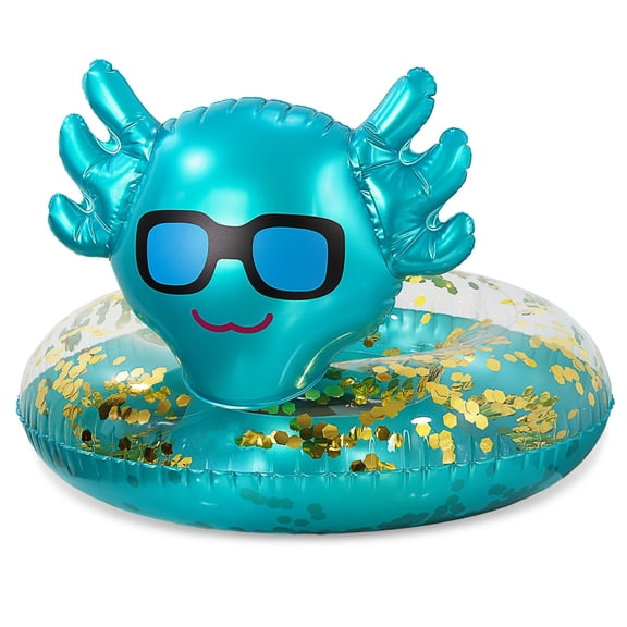 POZA Inflatable Axolotl Pool Float Tube - Sparkly Confetti-Filled Swim Lounger Float, UV-Resistant Vinyl Blue Gold Floating Pool Ring for Beach or Lake, Animal Swim Ring for Kids and Adults - 36 Inch