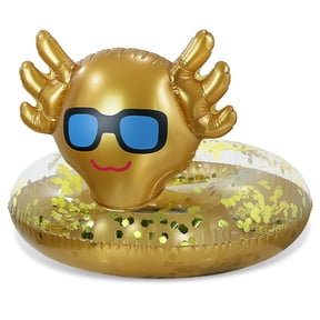 POZA Inflatable Axolotl Pool Float Tube - Sparkly Confetti-Filled Swim Lounger Float, UV-Resistant Vinyl Gold Floating Pool Ring for Beach or Lake, Animal Swim Ring for Kids and Adults - 36 Inches