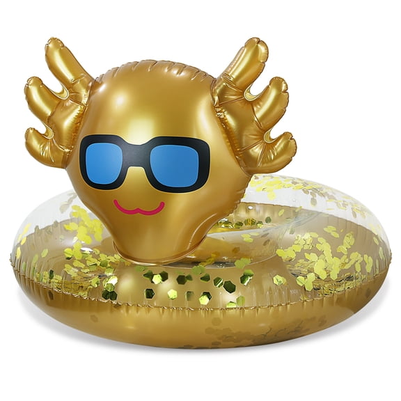 POZA Inflatable Axolotl Pool Float Tube - Sparkly Confetti-Filled Swim Lounger Float, UV-Resistant Vinyl Gold Floating Pool Ring for Beach or Lake, Animal Swim Ring for Kids and Adults - 36 Inches