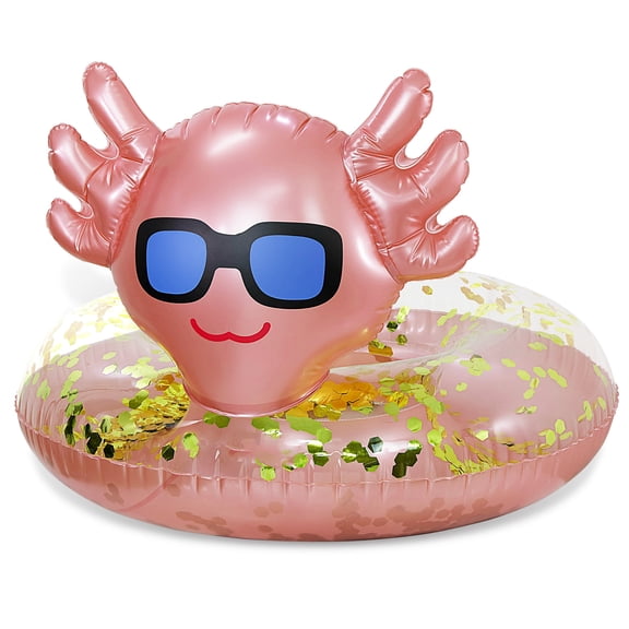 POZA Inflatable Axolotl Pool Float Tube - Sparkly Confetti-Filled Swim Lounger Float, UV-Resistant Vinyl Rose Gold Floating Pool Ring for Beach or Lake, Animal Swim Ring for Kids, Adults - 36 Inches