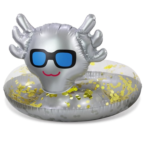 POZA Inflatable Axolotl Pool Float Tube - Sparkly Confetti-Filled Swim Lounger Float, UV-Resistant Vinyl Silver Floating Pool Ring for Beach or Lake, Animal Swim Ring for Kids and Adults - 36 Inches