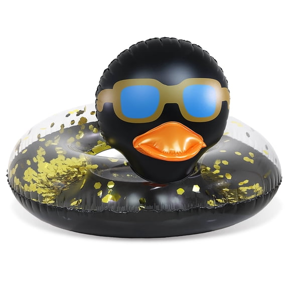 POZA Inflatable Black Gold Duck Pool Float Tube - Luxurious Swim Ring for Pool, Beach, Lake, Sparkle Confetti-Filled Beach Float Lounger for Kids and Adults - 36x23 inches