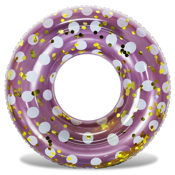 POZA Purple Gold Inflatable Pool Float Tube - Sparkly Confetti-Filled Polka Dot Swim Ring Pool Float Kids and Adults, UV Resistant Vinyl Ring Floatie for Pools, Beach or Lakes - 36 Inches
