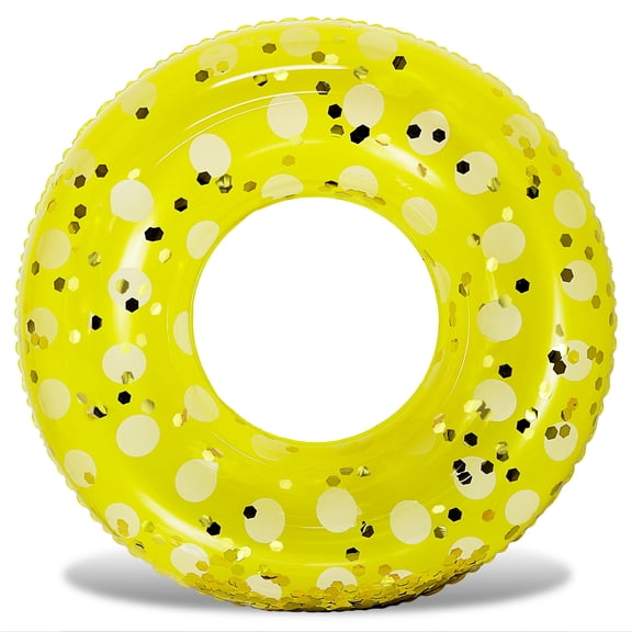 POZA Yellow Gold Inflatable Pool Float Tube - Sparkly Confetti-Filled Polka Dot Swim Ring Pool Float Kids and Adults, UV Resistant Vinyl Ring Floatie for Pools, Beach or Lakes - 36 Inches