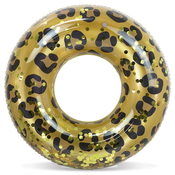 POZA Leopard Inflatable Pool Float Tube - Sparkly Confetti-Filled Leopard Swim Ring Pool Float Kids and Adults, UV Resistant Vinyl Ring Floatie for Pools, Beach or Lakes - 36 Inches