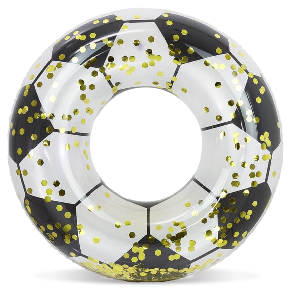 POZA Inflatable Pool Float Tube - Sparkly Confetti-Filled Soccer Ball Swim Ring Pool Float Kids and Adults, UV Resistant Vinyl Ring Floatie for Pools, Beach or Lakes - 36 Inches