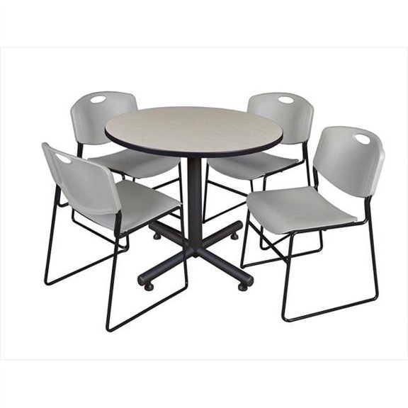 36 In. Round Laminate Table- Maple & Kobe Base With 4 Zeng Stacker Chairs- Grey