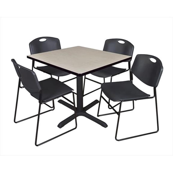 36 In. Square Laminate Table, Maple & Cain Base With 4 Black Zeng Stack Chairs