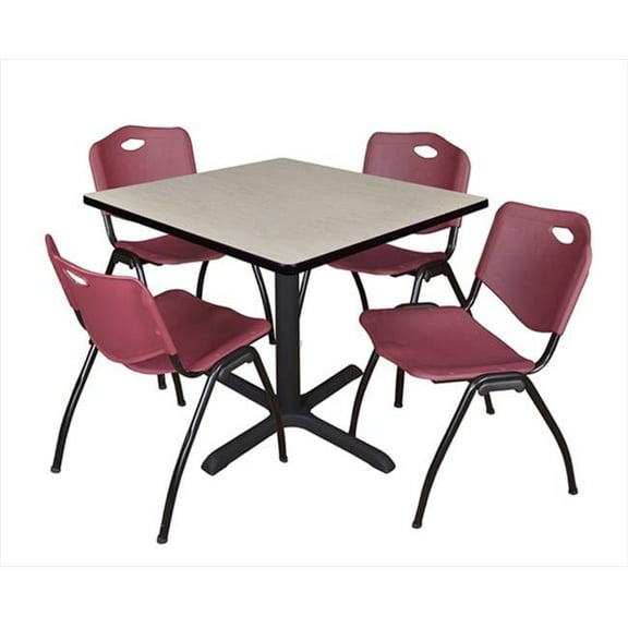 36 In. Square Laminate Table - Maple & Cain Base With 4 Burgundy M Stack Chairs