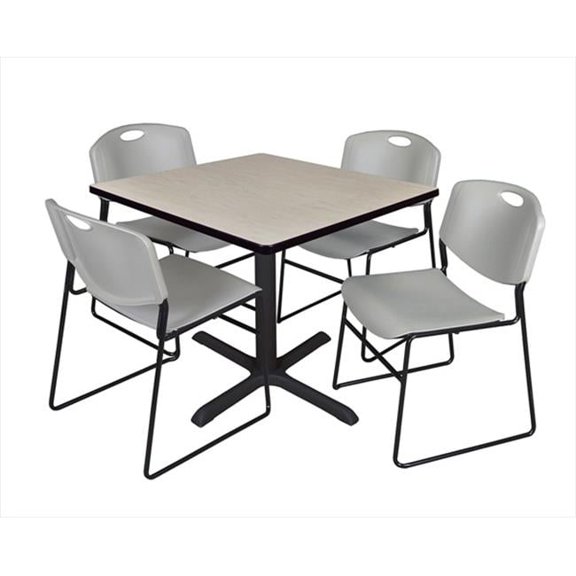 36 In. Square Laminate Table, Maple & Cain Base With 4 Grey Zeng Stack Chairs