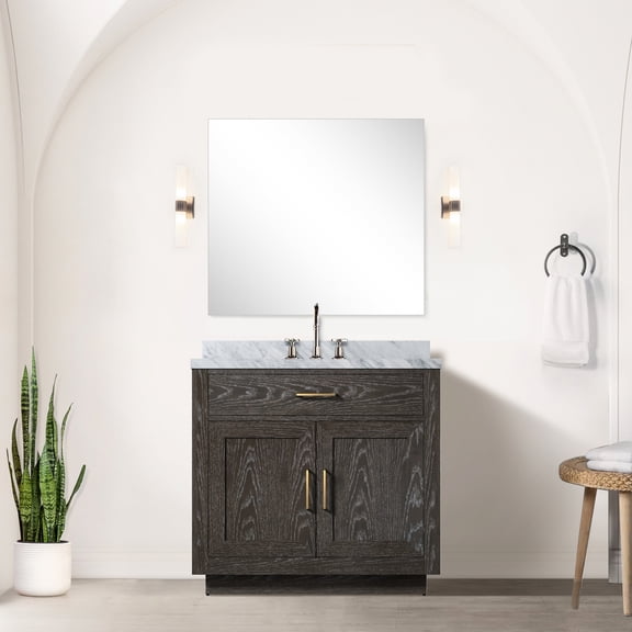 36 In. W Bath Vanity In Brown Oak With Marble Surface And Faucet Included - Door Panel, Soft Close Hinge Bathroom Counter Panels, Drawers