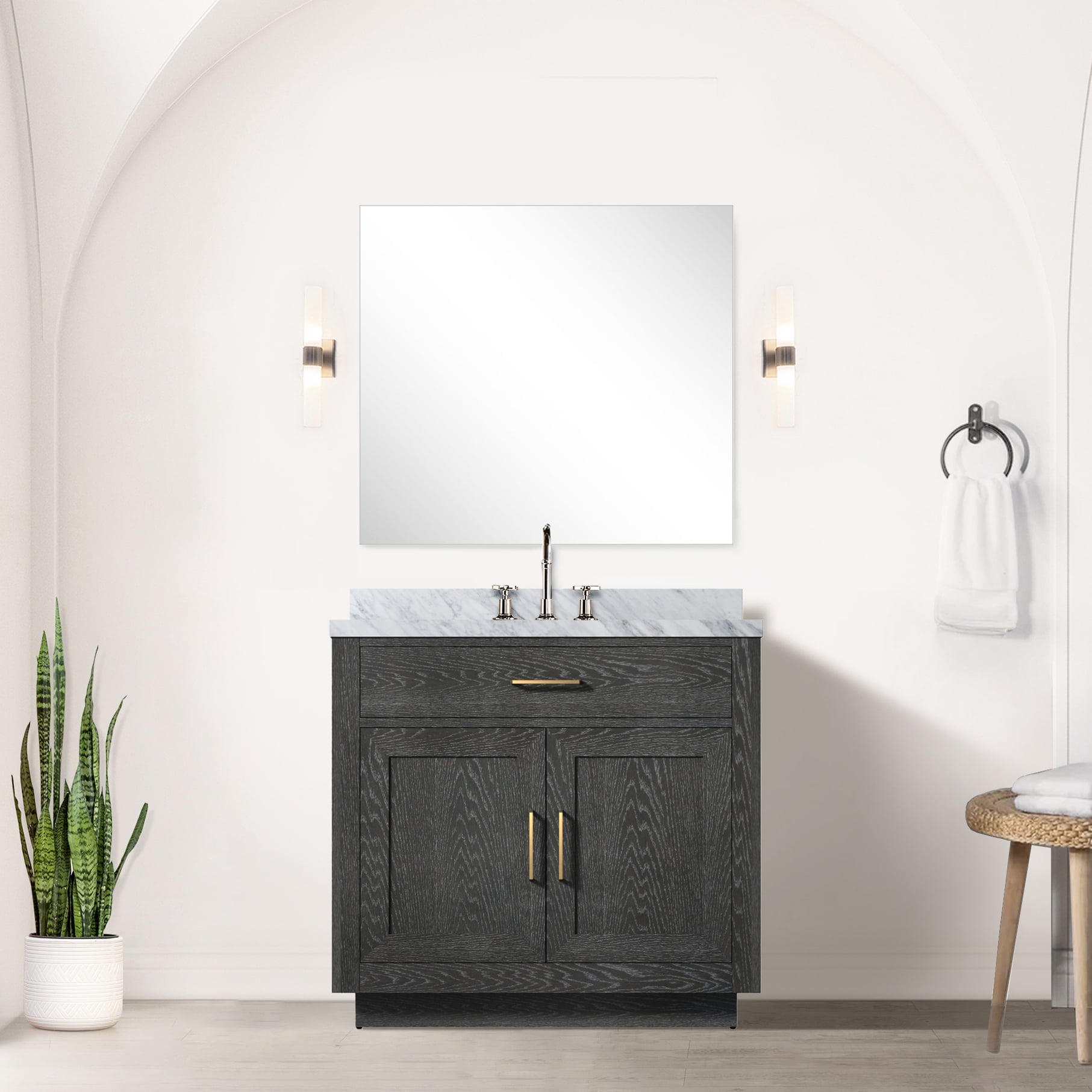 36 In. W Black Oak Bath Vanity With Marble Top & Included Mirror - Soft ...