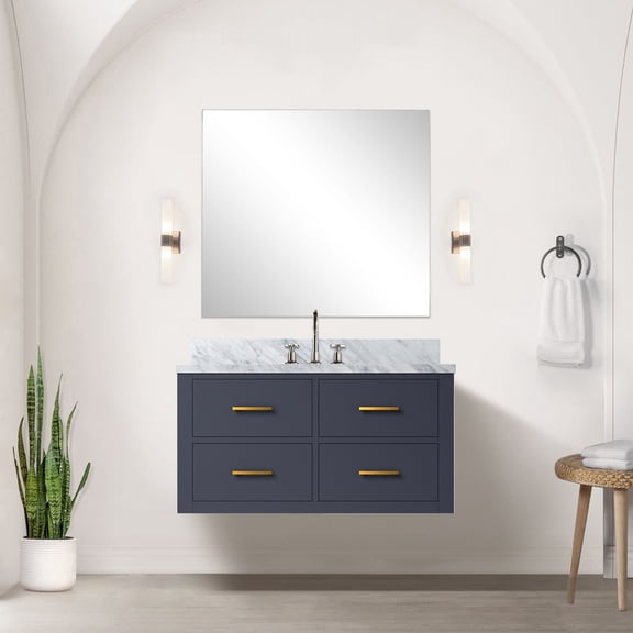 36 In. W X 22 D Blue Vanity For Bathroom With Marble Top, Solid Wood - Soft Close, Fully Assembled Components Bath Construction Storage Cabinet