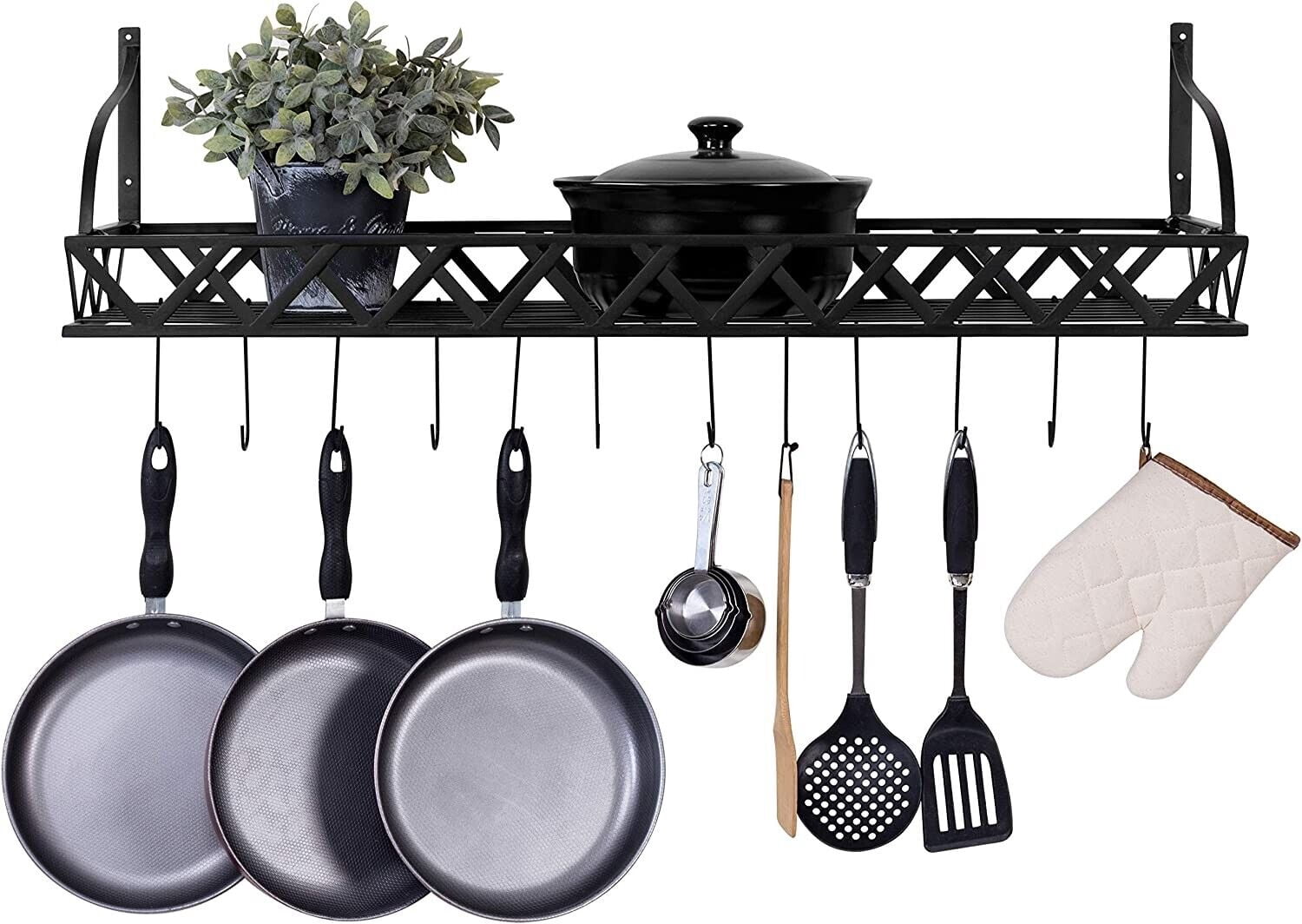 Kitchen Shelf Pot Rack 36-In Wall Mounted Black Metal Kitchen Floating Pot Shelf, Cookware ...