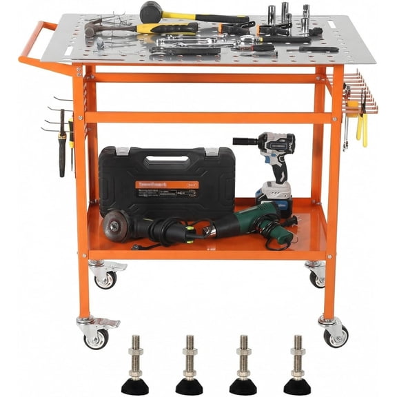 36 In x24 In Portable Welding Workbench with 800LBS Steel Frame Adjustable Feet Brake Wheels and Side Tool Board for Garage Workshop