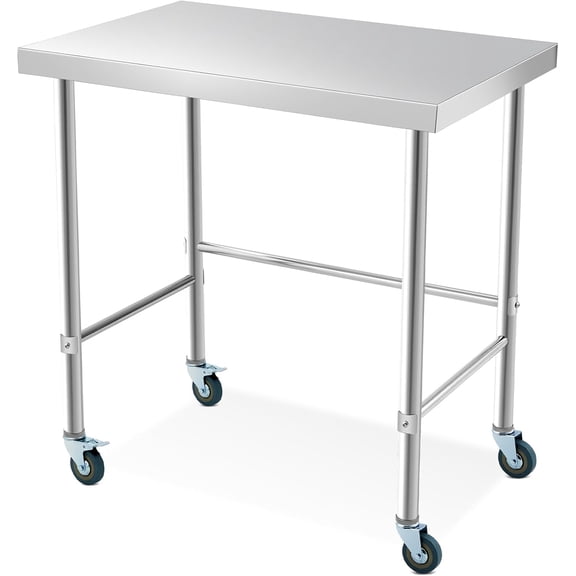 36 In x24 In Rolling Open-Base Stainless Steel Work Table - Heavy Duty Commercial Kitchen and Home Prep Table with Wheels
