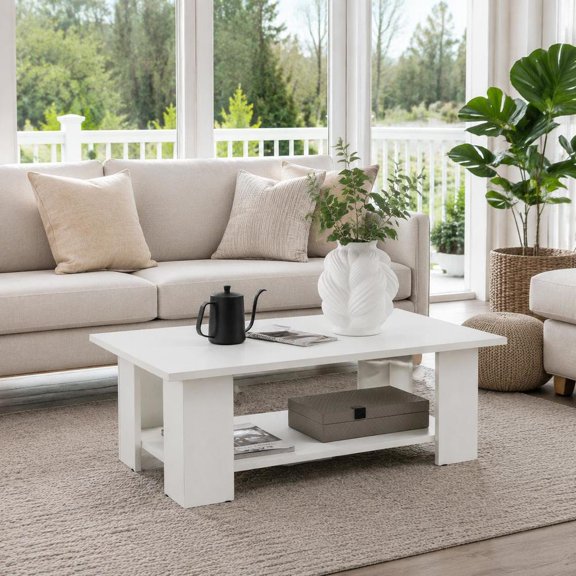 36 Inch 2-Tier Wood Coffee Table with Storage Shelf, White, 41-Inch Wide Tabletop, Modern Style