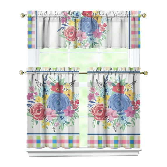 36 Inch 3 Pieces Set Kitchen Window Curtains with Rod Pocket over Sink Pioneer Colorful Floral Small Window Cafe Curtains for Home Decor Rod Pocket Tier Drapes