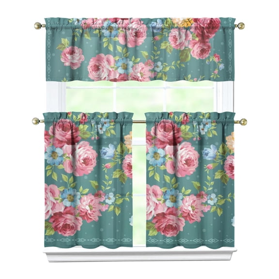 36 Inch 3 Pieces Set Kitchen Window Curtains with Rod Pocket over Sink Pioneer Colorful Floral Small Window Cafe Curtains for Home Decor Rod Pocket Tier Drapes