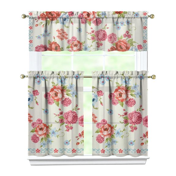 36 Inch 3 Pieces Set Kitchen Window Curtains with Rod Pocket over Sink Pioneer Colorful Floral Small Window Cafe Curtains for Home Decor Rod Pocket Tier Drapes