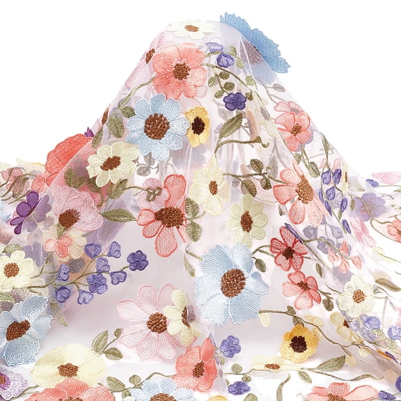 36 Inch 3D Flowers Embroidery Lace Fabric Colorful Flowers Soft Embroidery Lace Floral Fabric for Sewing Cloth Floral Embroidery Net Lace Fabric