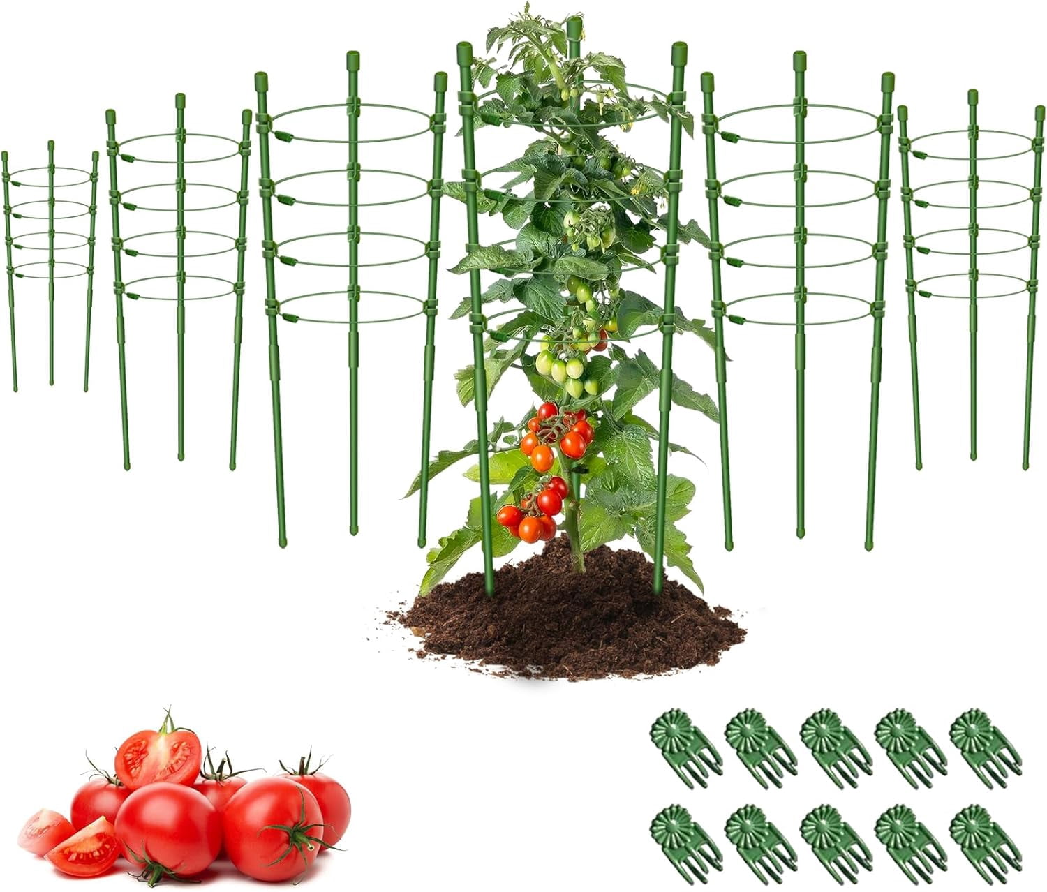 36 Inch 6 Pack Plant Support Cages Tomato Cage for Garden with 10 Plant Clips- Plant Cages Adjustable Rings, Tomato Plant Support Stakes Trellis for Pots, Peppers, Cucumbers and Flowers