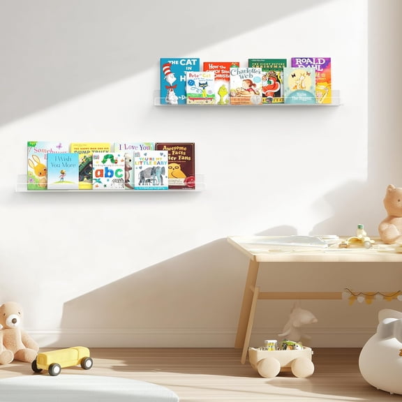 36 Inch  Acrylic Floating Shelves for Kids Nursery, Invisible Wall Mount Bookshelf Display Stand with 16 Inch Stud Spacing, 3 Pack (5MM Thick) for Books Figures Makeup