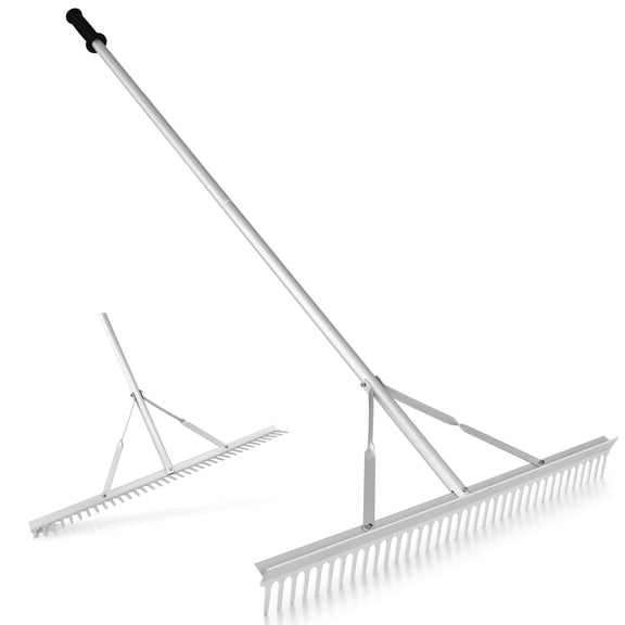 36 Inch Aluminum Yard Rake with 68 Inch Handle, 36 Tines for Loosening Soil Leveling Debris, Landscaping Tool for Lawn Beach Pond Care, White