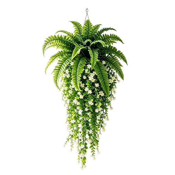 36 Inch Artificial Trailing Fern Hanging Vine, White Flower Faux Greenery Sprig, Wall Decor Plant for Patio, Indoor Wedding Layout