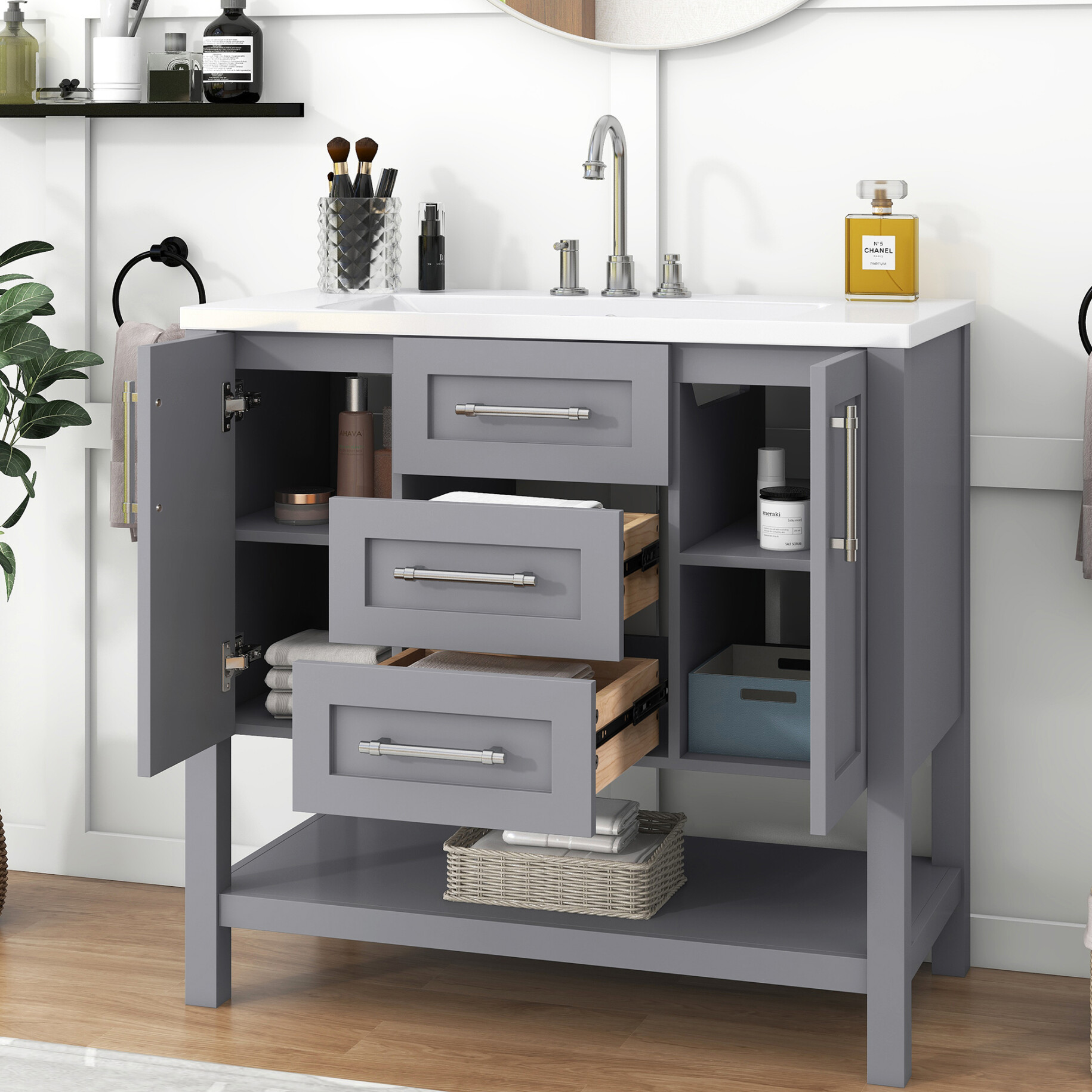 36-Inch Bathroom Vanity,Bathroom Cabinet with Solid Wood Frame and MDF ...