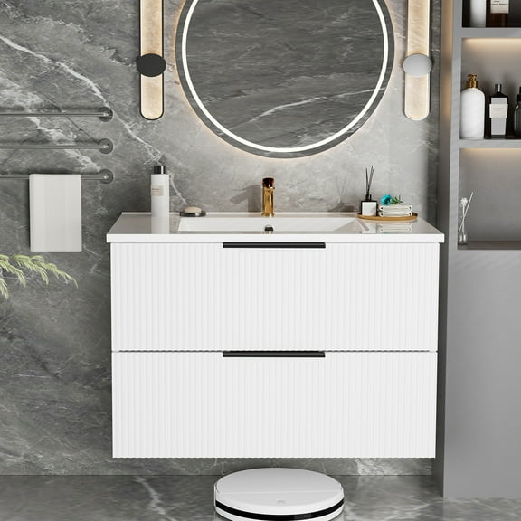 36 Inch Bathroom Vanity Cabinet With Ceramic Sink - White Wall Mounted Floating Fluted Vanity With Drawers, Modern