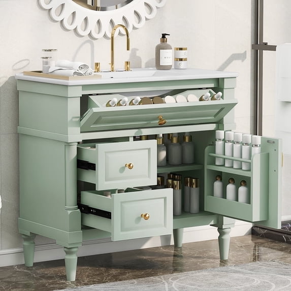 DTTRA 36" Modern Freestanding Bathroom Vanity with Ceramic Sink, Flip Drawer & Adjustable Shelf, Green