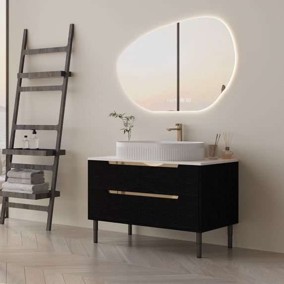 36 Inch Bathroom Vanity, Freestanding or Wall Mounted with Ceramic Integrated Sink, Soft-Close Drawers, Waterproof Engineered Wood, Adjustable Legs, Modern Design for Bathroom Storage,Ships 2 Pkgs
