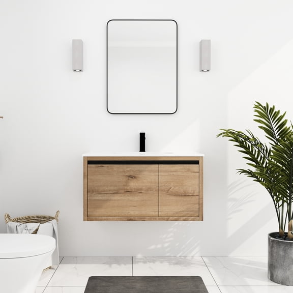 36 Inch Bathroom Vanity With Gel Sink - Wall Mounted For Convenience Storage Spacious Organization Soft-close Functionality Construction Modern Aesthetic