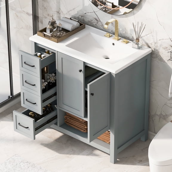 DTTRA 36" Modern Solid Wood Bathroom Vanity with Right Ceramic Sink and 2 Drawers, Gray