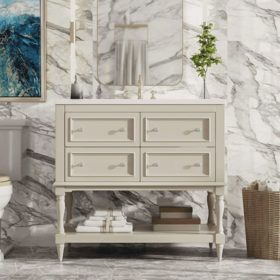 36 Inch Bathroom Vanity with Sink, 4-Drawer Freestanding Vanity Set with Undermount Ceramic Sink, Solid Wood Frame Storage Cabinet for Modern Bathroom, Beige