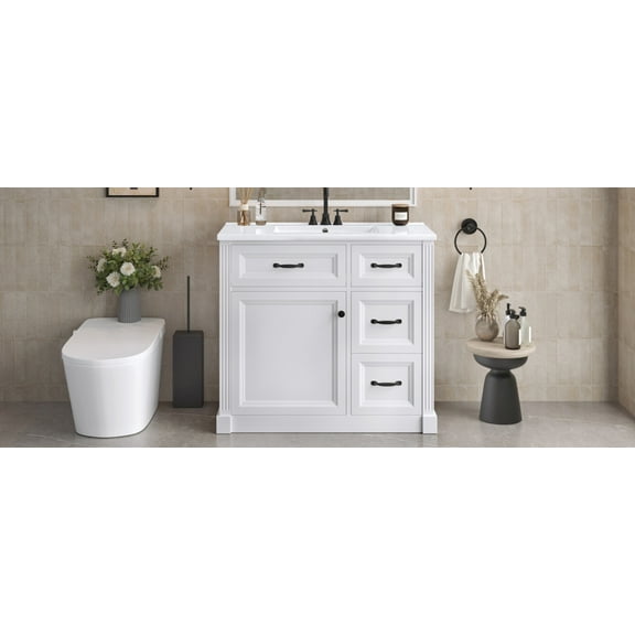 36 Inch Bathroom Vanity with Sink and 4 Drawers Modern White Storage Cabinet with Soft-Close Door Adjustable Shelf and Ceramic Basin for Compact Bathrooms