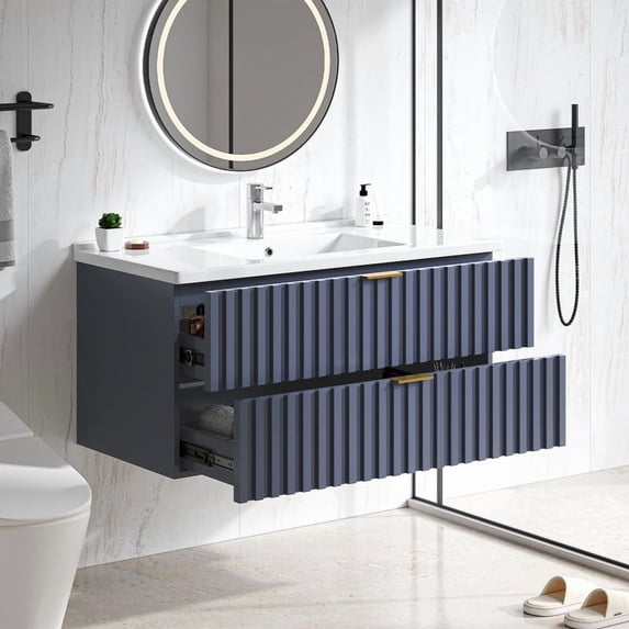 36 Inch Bathroom Vanity with Sink Combo, Floating Bathroom Vanity with 2 Fluted Drawers & Metal Handle, Modern Wall Mount Storage Cabinet with Ceramic Integrated Sink for Small Space (Blue)
