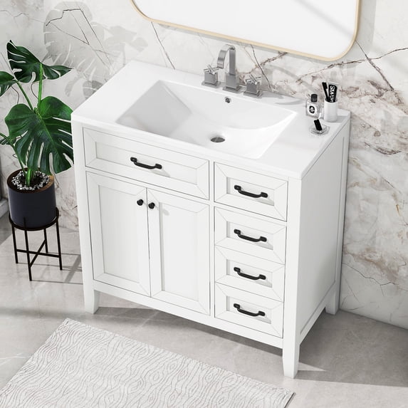 36 Inch Bathroom Vanity with Sink, Free Standing Bathroom Vanity Set with 2 Door Storage Cabinet and 3 Drawer, Bathroom Vanity Cabinet and Sink Combo, Solid Wood Frame (White)