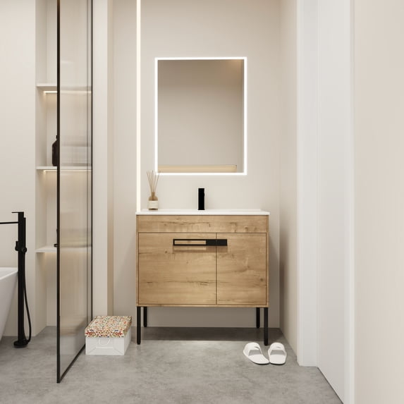 36 Inch Bathroom Vanity And Sink . Freestanding Or Hanging. Two Installation Modes. Silent-closing Cabinet. Grade Ceramic Sink. Plywood Construction 36" With Mountable. Dual-purpose Concept. Door.