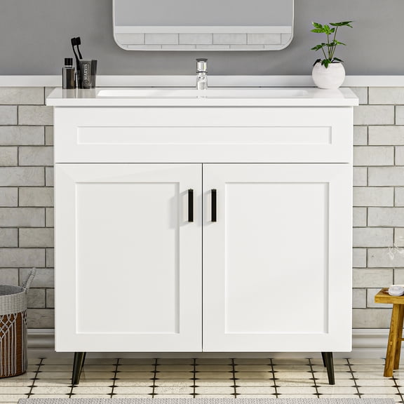 36 Inch Bathroom Vanity with Sink, Freestanding Wooden Bathroom Vanity with 2 Doors and Metal Legs, Bathroom Cabinet Vanity with Ceramic Sink (Paint, 36)