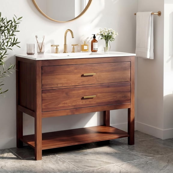 36 Inch Bathroom Vanity with Sink, Modern Bathroom Sink Cabinet with 2 u-Shaped Drawers & Open Shelf, Premium Glossy Ceramic Basin with Overflow, Waterproof Wood Vanity for Small Bath