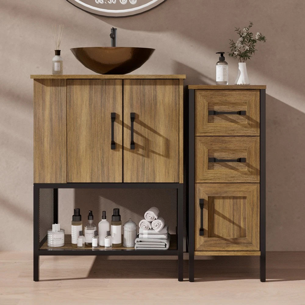 36 Inch Bathroom Vanity with Sink, Open Shelves and 3 Storage Drawers Side Cabinet, Modern Iron Wood Cabinet with Countertop Tempered Glass Vessel(Ship in 2 Boxes)